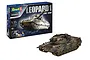 Revell 1/35 scale Leopard 1 A1A1-A1A4 tank plastic model kit box next to a fully assembled and painted model tank.