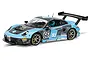 Scalextric 1/32 scale Porsche 911 GT3 R slot car in light blue and grey Team Parker Racing livery with number 66 on a white background.