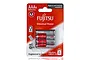 A retail blister pack containing four Fujitsu AAA alkaline batteries on a white background.