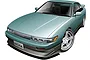 An illustration of a light blue Nissan Silvia S13 coupe with a custom front bumper and aftermarket wheels.