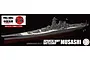 A 1/700 scale plastic model kit of the IJN Musashi 1942 battleship by Fujimi, shown as a finished, painted display model against a black background.
