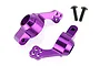 Two purple anodized aluminium rear hub carriers for an RC car, accompanied by two black metal screws, set against a plain white background.