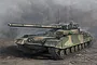 An artistic illustration of a Russian Obiekt 490A tank in a camouflage paint scheme, positioned on a muddy, smoky battlefield.