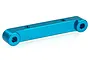 A blue anodized aluminium rear suspension arm pin brace for an RC car, shown from a high-angle perspective against a white background.
