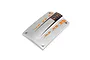 A silver Pro Boat River Jet Boat canopy with orange arrow graphics and four metal thumb screws on a white background.