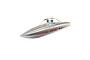 A silver Pro Boat River Jet Boat hull featuring orange and blue racing decals and two miniature pilot figures in the cockpit.