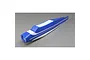 A blue and white foam RC airplane fuselage for the E-Flite 1300mm Valiant, viewed from a high angle against a grey background.