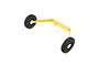 E-Flite RC plane landing gear set featuring a yellow metal strut and two black rubber wheels against a white background.