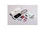 Axial 1/24 Ford Bronco body shell set in white, including interior, roof, decals, and various small plastic accessories on a grey background.