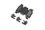 Axial 1/10 scale black plastic skid plate and three small link mount components on a white background.