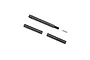 A set of black metal transmission shafts and pins for an RC vehicle, laid out on a white background.