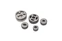 A set of five grey metal RC transmission gears of varying sizes arranged on a white background.