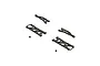 ARRMA 1/18 scale RC rear suspension arm set including four black plastic suspension arms and two small pivot balls on a white background.