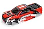 ARRMA 1/18 Granite RC truck body shell in red, black, and white with camo-style graphics, shown from a high-angle studio view.