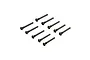 A set of ten black button head screws with partial threading arranged in two rows on a white background.