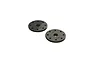 Two black machined shock pistons with eight holes and the number 1.3 engraved on the surface, isolated on a white background.