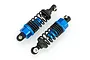 Two blue aluminium RC shock absorbers with black springs and black plastic ends, isolated on a white background.