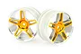 Two orange and silver chrome five-spoke RC car rims on a white background.