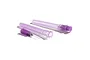 Two purple plastic needle tips with protective covers on a white background.