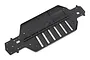 A black plastic molded RC car chassis plate with various mounting holes and structural ribs, viewed from an overhead angle.