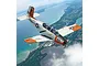 Digital illustration of a US Navy T-34B Mentor training aircraft in flight over a coastal landscape.