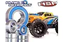 A collection of metal ball bearings with blue rubber seals displayed in front of an HSP Savagery RC monster truck.