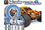 A collection of metal ball bearings with blue rubber seals arranged in front of an orange HPI Bullet Flux RC monster truck.