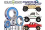 A collection of Plaig RC ball bearings with blue rubber seals, displayed alongside images of Element RC crawler models.