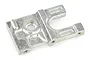 A silver-coloured metal RC motor mount for HSP vehicles, viewed from an angle against a white background.