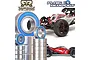 A collection of metal ball bearings with blue rubber seals, arranged in stacks in front of two ARRMA Typhon 6S RC buggies.