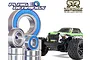 A collection of Plaig RC metal ball bearings with blue rubber seals displayed alongside an ARRMA Granite Grom RC truck.
