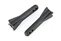 Two black plastic battery posts for an RC car, featuring a cylindrical body with two holes at the top and a finned base.