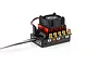 Hobbywing Quicrun 10BL120 sensored brushless ESC featuring a black cooling fan, red heatsink, and gold-plated motor/battery terminals.