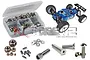 RC Screwz stainless steel screw kit for RC8T4 including a plastic storage box, various screws, nuts, and washers, with an RC8T4 buggy shown.