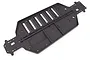 A black molded plastic RC car chassis plate with various mounting holes and structural ribs, shown from a top-down angle on a white background.