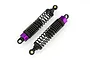 Two assembled purple and black RC shock absorbers with coil springs on a white background.