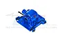 GPM Racing blue anodised aluminium centre gearbox housing for RC cars, shown from a high angle against a white background.