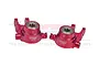 Two red anodized aluminium steering hubs for RC cars by GPM Racing, featuring ball bearings and L/R markings.