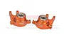 Two orange anodized aluminium steering hubs for RC cars, marked L and R with GPM Racing branding and 7075 alloy specification.