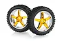Two 1/10 scale RC buggy front wheels with black knobby rubber tyres mounted on five-spoke orange and chrome plastic rims.