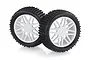 Two black rubber RC buggy tyres mounted on white multi-spoke plastic rims, isolated on a white background.