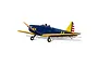 A Hangar 9 PT-19 RC plane in blue and yellow livery with number 44 on the fuselage, viewed from a front-quarter angle against a white background.