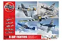 Airfix 1/72 scale D-Day Fighters model kit box art showing four different fighter aircraft in flight over clouds.