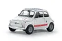 A completed Tamiya 1/24 scale Fiat Abarth 695SS plastic model car, painted white with red racing stripes and a checkered roof pattern.
