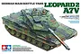 Box art for Tamiya 1/35 scale Leopard 2 A7V tank model kit, featuring an illustration of the camouflaged tank with two crew members.