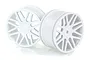 Two white plastic RC buggy rims with a multi-spoke design, shown from a front-facing angle against a white background.