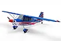 E-Flite Decathlon RJG 1.2m RC plane in red, white, and blue livery with star accents, viewed from a front three-quarter angle against a white background.