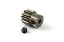 A metallic 12-tooth pinion gear with a separate black grub screw on a white background.
