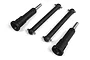 A set of four black RC car drivetrain components including two dogbone driveshafts and two wheel axles on a white background.