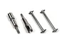 A set of four silver-coloured metal RC car drivetrain components including two dogbone driveshafts and two wheel axles on a white background.